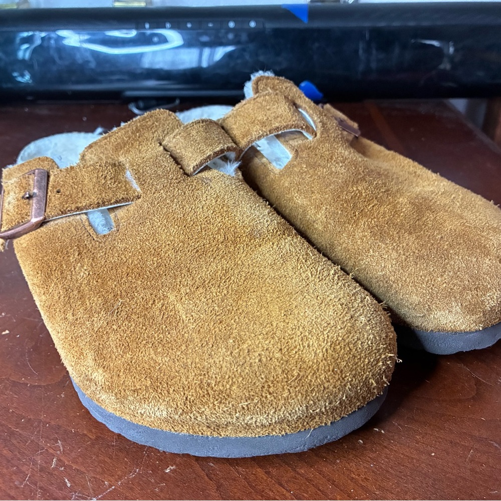 Birkenstock Boston Shearling Leather Mink Womens Size 10 Brown Suede Clogs Shoes